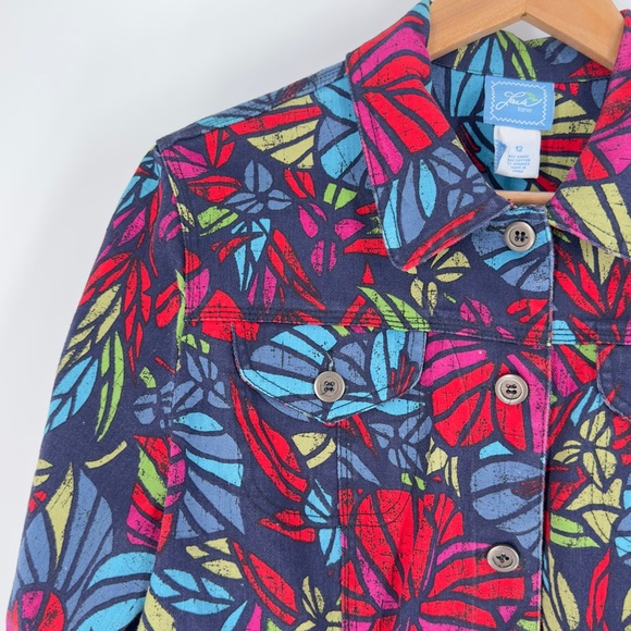 🌺 Multi-Color Floral Tropical Print Denim Jacket Resort Wear Vacation Chic Sz 12 - Picture 5 of 15